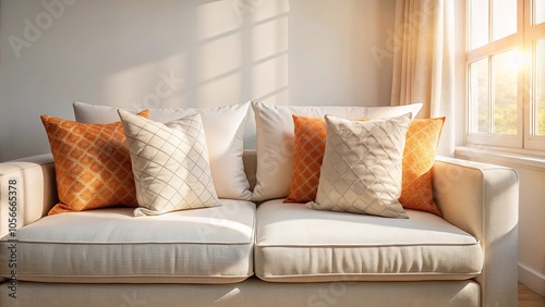 A white couch with orange and white patterned cushions bathed in the warm glow of the morning sun