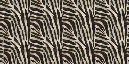 A seamless texture pattern of a zebra print, showcasing bold black and white stripes in a dynamic, flowing design