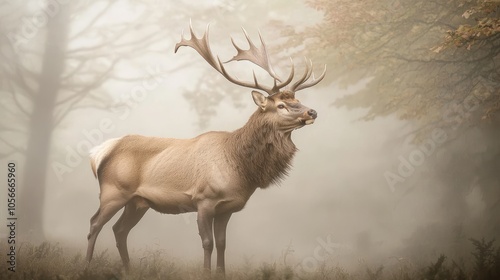 Majestic Stag with Impressive Antlers Standing in Foggy Forest - Strength, Serenity, Atmospheric and Mystical Ultra-Detailed Portrait Photography