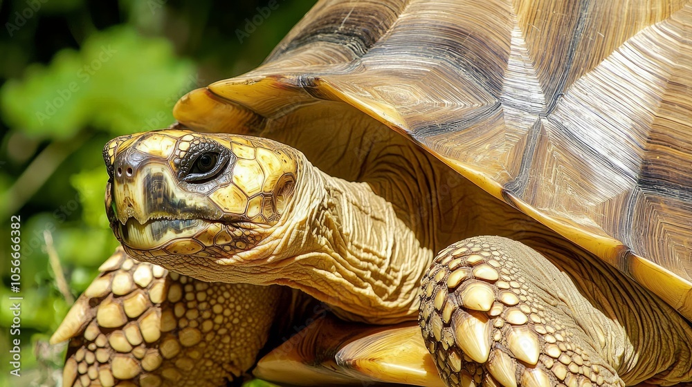 Naklejka premium Serene Tortoise Enjoying Sunlight - Detailed Close-Up Portrait of Peaceful Reptile Basking in the Sunlight, Showing Beauty of Slow Life