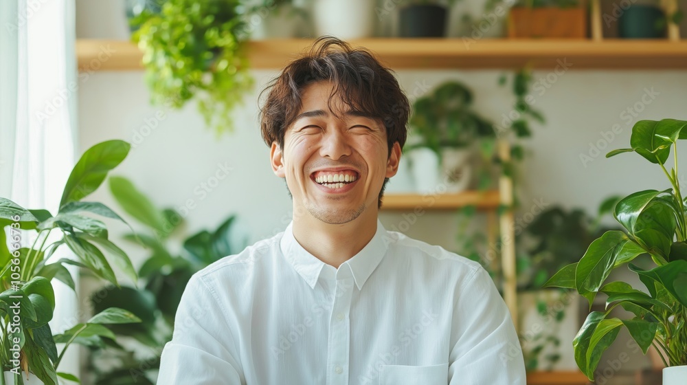 A joyful man smiles warmly while surrounded by lush green indoor plants in a cozy room filled with natural light. A joyful man smiles warmly while surrounded by lush green indoor plants in a cozy room filled with natural light.