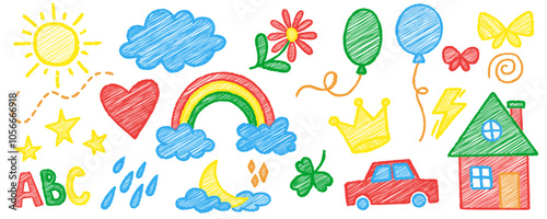 Kids crayon doodles. Vector colored pencil school illustrations set on white background. Flower house rainbow and cute sun child sketches. Chalk hand drawn summer cartoon painting
