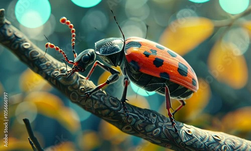 A vibrant beetle with red and black patterns perched on a decorative branch.