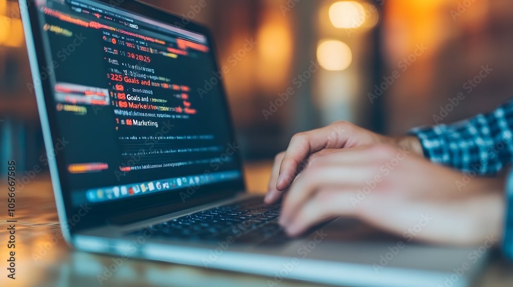 A person typing code on a laptop, with colorful programming text displayed on the screen in a bright, modern environment. A person typing code on a laptop, with colorful programming text displayed on the screen in a bright, modern environment.