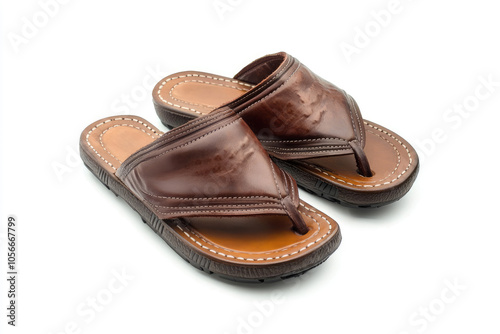 Brown Leather Thong Sandals with Stitching Detail