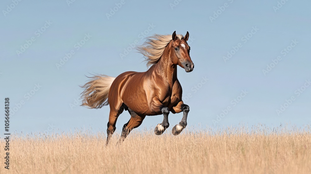 Majestic Wild Stallion Galloping in Open Field, Symbol of Freedom and Beauty Majestic Wild Stallion Galloping in Open Field, Symbol of Freedom and Beauty