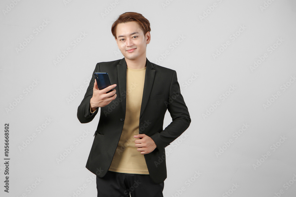 portrait of happy asian businessman wearing suit holding mobile phone on isolated background portrait of happy asian businessman wearing suit holding mobile phone on isolated background