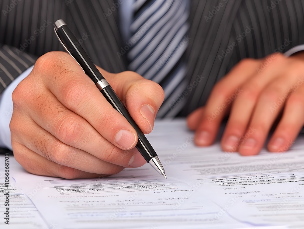 A formal business setting where a person in a suit is signing documents, indicating a professional task or agreement. A formal business setting where a person in a suit is signing documents, indicating a professional task or agreement.