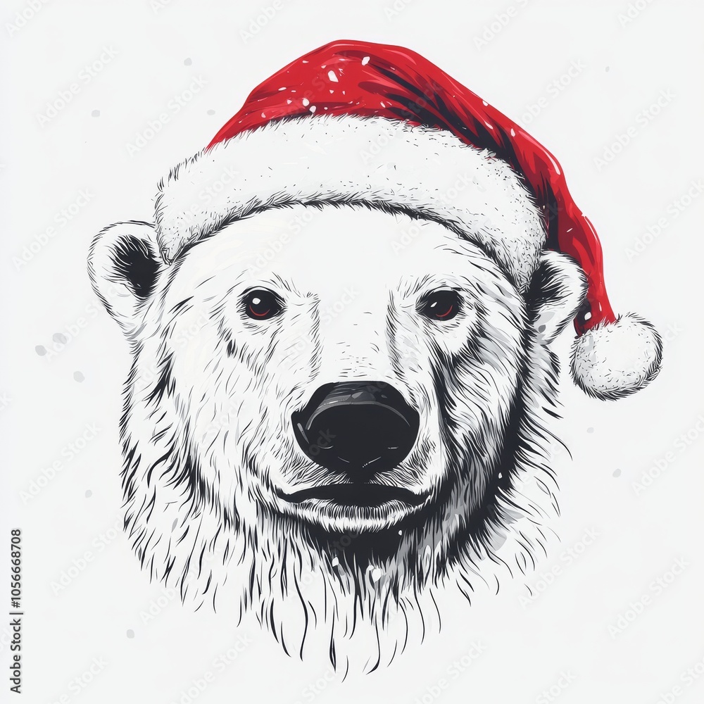 Polar bear face wearing a red Santa hat, christmas winter illustration, isolated plain background Polar bear face wearing a red Santa hat, christmas winter illustration, isolated plain background