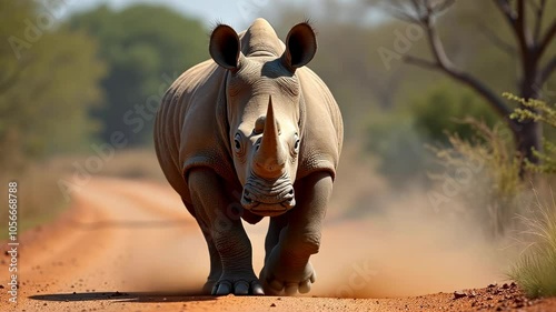 White Rhino Walking on Dirt Road