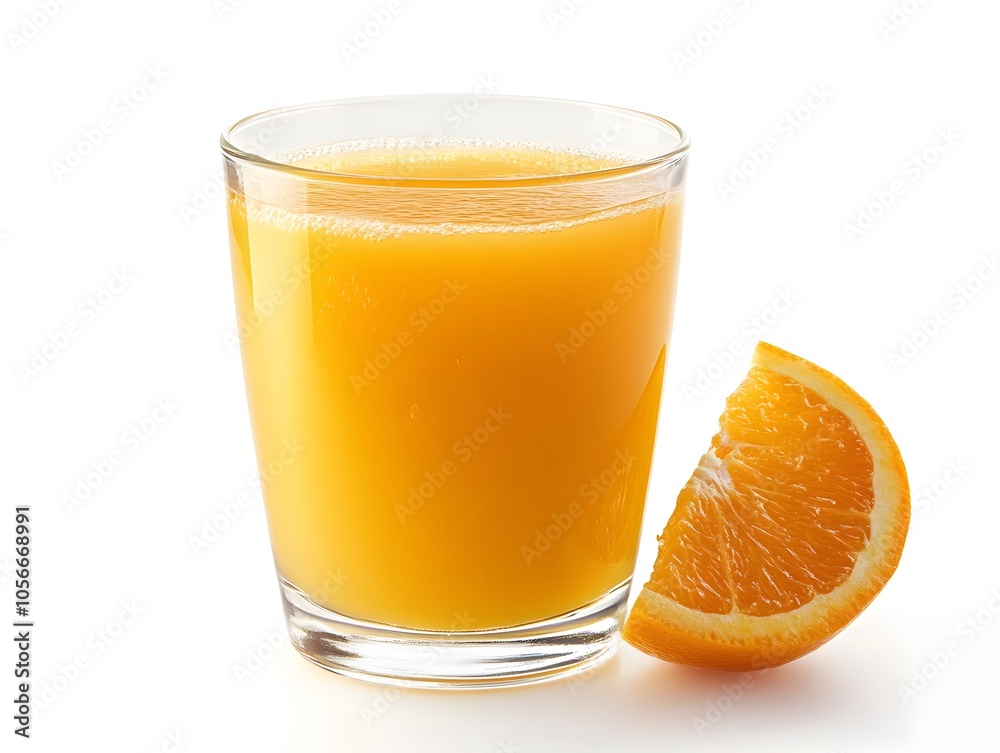 A refreshing glass of orange juice is served with a slice of orange, showcasing vibrant color and healthy hydration. A refreshing glass of orange juice is served with a slice of orange, showcasing vibrant color and healthy hydration.