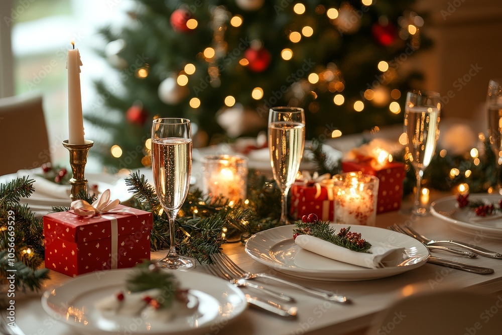 A beautifully set Christmas table featuring white plates, silverware, and red box candles, illuminated by glowing champagne glasses, with an evergreen tree and festive gifts, capturing the joyful spir A beautifully set Christmas table featuring white plates, silverware, and red box candles, illuminated by glowing champagne glasses, with an evergreen tree and festive gifts, capturing the joyful spir