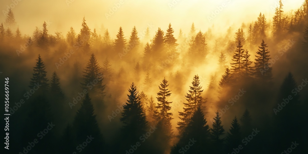 Foggy sunrise over dense pine forest landscape Foggy sunrise over dense pine forest landscape