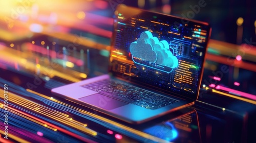 Exploring cloud computing a modern digital landscape with laptops and cloud icons