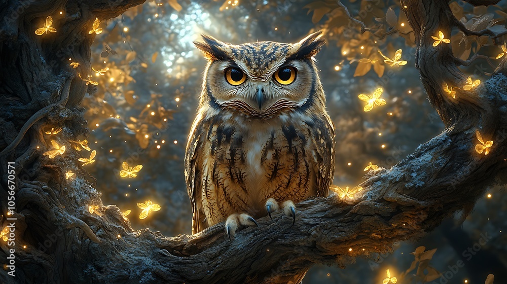 A majestic owl with piercing yellow eyes sits on a branch surrounded by glowing fireflies and butterflies in a mystical forest. A majestic owl with piercing yellow eyes sits on a branch surrounded by glowing fireflies and butterflies in a mystical forest.