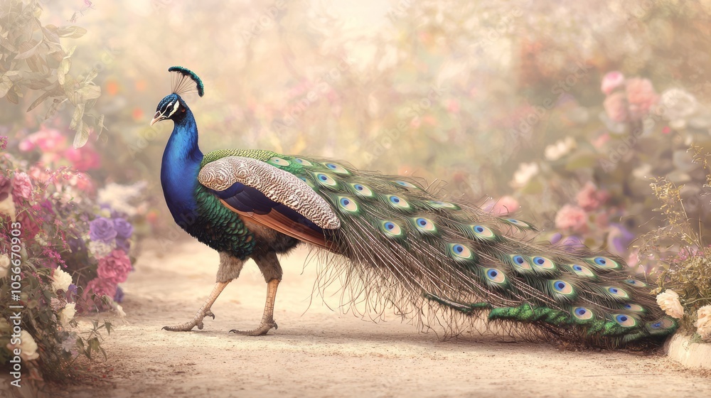 Fototapeta premium Regal Peacock Strutting Along Garden Path with Vibrant Plumage Displayed, Ultra-Detailed Portrait in Lush Floral Setting