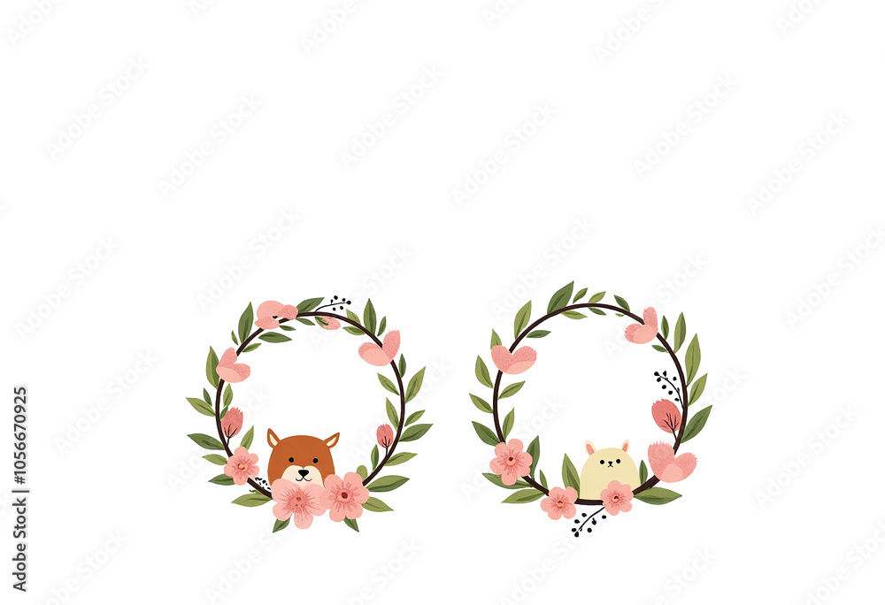 Whimsical Animal Characters Adorned with Floral Wreaths on a Pure White Background for Playful Nursery Themes
Whimsical Animal Characters Adorned with Floral Wreaths on a Pure White Background for Playful Nursery Themes