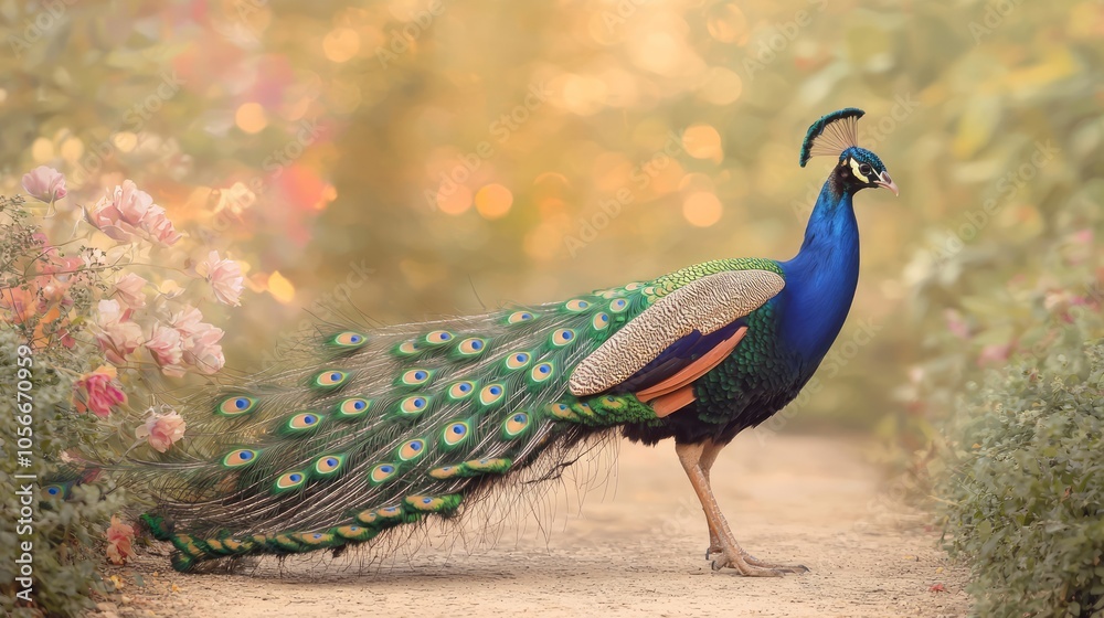 Fototapeta premium Majestic Peacock Strutting Along Garden Path with Vibrant Feathers Against Floral Backdrop - Ultra-Detailed Portrait Photo