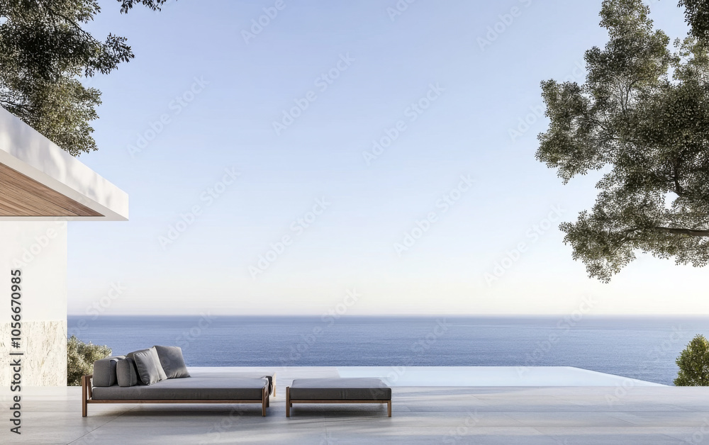 Fototapeta premium Modern outdoor terrace overlooking the ocean at sunset with a tranquil atmosphere