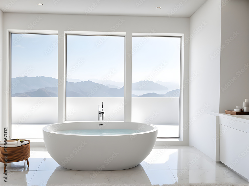 Bathtub, in front of white wall, deep hollow white tub, freestanding jacuzzi, window, bright bathroom. Bathtub, in front of white wall, deep hollow white tub, freestanding jacuzzi, window, bright bathroom.