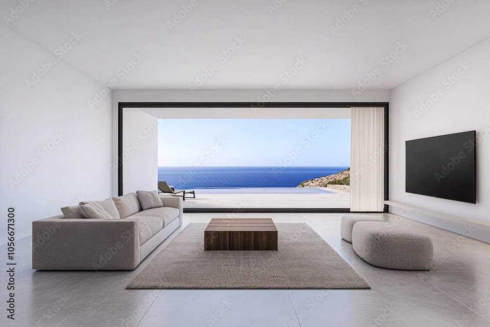 Modern living room with ocean view and minimalist design in a coastal home during daylight Modern living room with ocean view and minimalist design in a coastal home during daylight