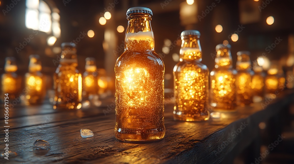 Golden beer bottles in images arranged with frosty glassware Golden beer bottles in images arranged with frosty glassware