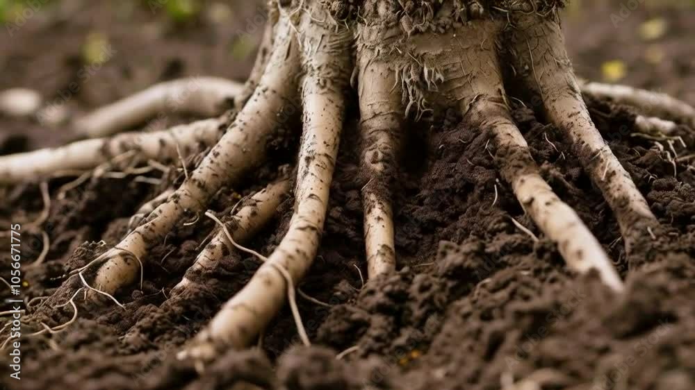 Close-up of tree roots emerging from dark soil, showcasing nature's intricate details.