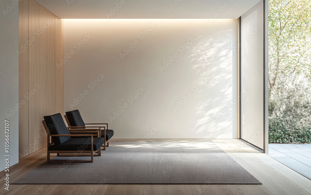 Fototapeta premium Modern minimalist interior with wooden chairs and natural light in a serene setting