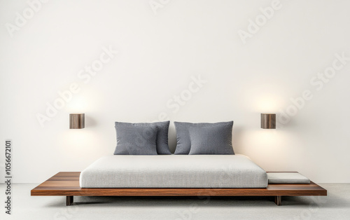 Modern minimalist bedroom design featuring low wooden bed with gray pillows, perfect for relaxation