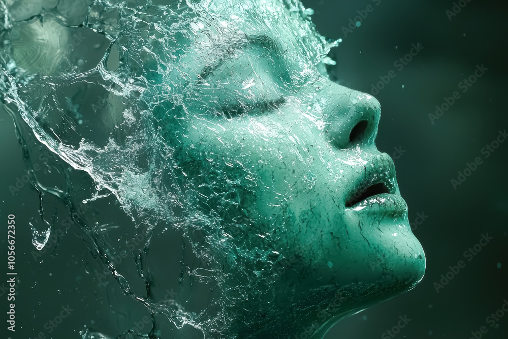 Woman’s Face Sculpted in Water Splash Effect. A surreal image of a woman's face emerging from a splash of water, captured in a green-toned, fluid form.
Woman’s Face Sculpted in Water Splash Effect. A surreal image of a woman's face emerging from a splash of water, captured in a green-toned, fluid form.
