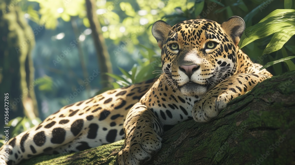 Majestic Jaguar Lounging on Tree Branch in Rainforest with Dappled Sunlight - Ultra-Detailed Wildlife Portrait Majestic Jaguar Lounging on Tree Branch in Rainforest with Dappled Sunlight - Ultra-Detailed Wildlife Portrait