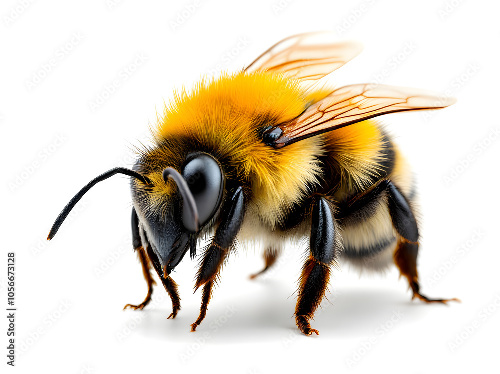 Macro photography of a yellow with black stripes bumblebee isolated on white background