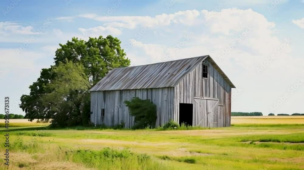 A rustic barn in a green landscape under a blue sky with clouds. A rustic barn in a green landscape under a blue sky with clouds.