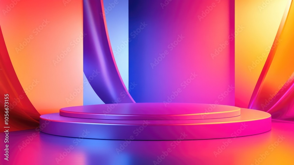 Vibrant multi colored abstract background featuring a podium stage and geometric landscape Template design ideal for product presentations with space for text