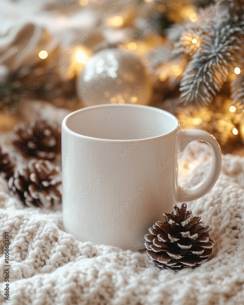 A minimalist and elegant winter card with a blank white mug as the centerpiece. A minimalist and elegant winter card with a blank white mug as the centerpiece.