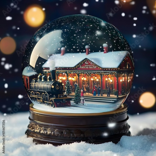 Snow globe with a Victorian train station, festive lights, snowfall, Christmas travelers, nostalgic winter warmth