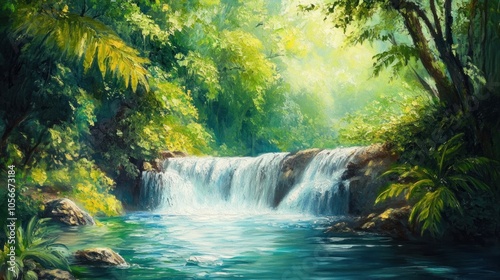 Serene Waterfall in Lush Rainforest