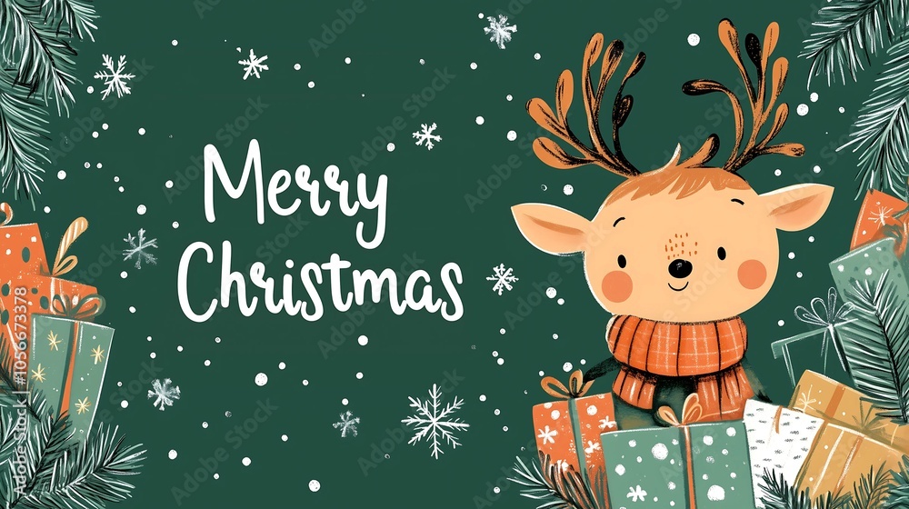 Marry Christmas banner or greeting card illustration with cute reindeer waring orange scarf on green background Marry Christmas banner or greeting card illustration with cute reindeer waring orange scarf on green background