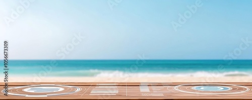 A serene beach view featuring clear turquoise waters and a wooden deck, creating an inviting atmosphere for relaxation and leisure.