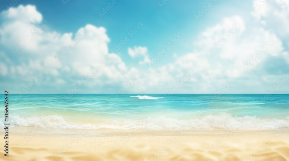 Blurred defocused background depicting a serene beach scene with golden sand turquoise waters and a vibrant blue sky dotted with white clouds perfect for summer getaway themes Blurred defocused background depicting a serene beach scene with golden sand turquoise waters and a vibrant blue sky dotted with white clouds perfect for summer getaway themes