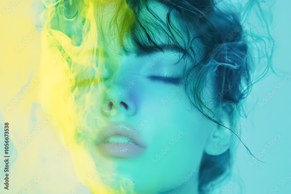 Dreamy Portrait of a Woman in Abstract Yellow and Green Smoke. A serene close-up of a young woman’s face with closed eyes, enveloped in swirling, colorful smoke, creating a peaceful ambiance.
Dreamy Portrait of a Woman in Abstract Yellow and Green Smoke. A serene close-up of a young woman’s face with closed eyes, enveloped in swirling, colorful smoke, creating a peaceful ambiance.