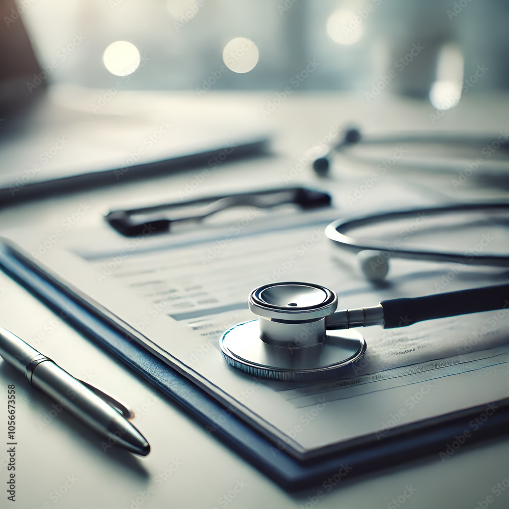 Close-Up of a Doctor's Office Desk: Physician's Workspace Featuring a Stethoscope, Emphasizing Health Care and Medicine. AI Generate