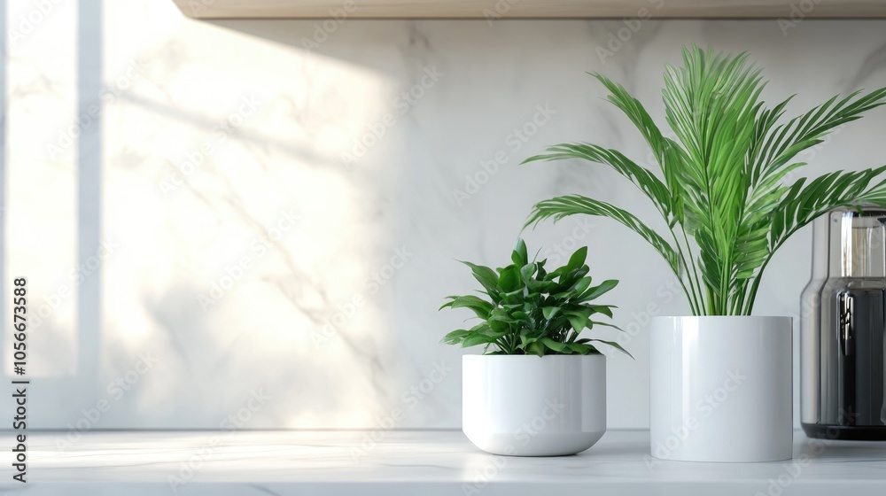 Minimalist plant pot display in a kitchen setting Minimalist plant pot display in a kitchen setting