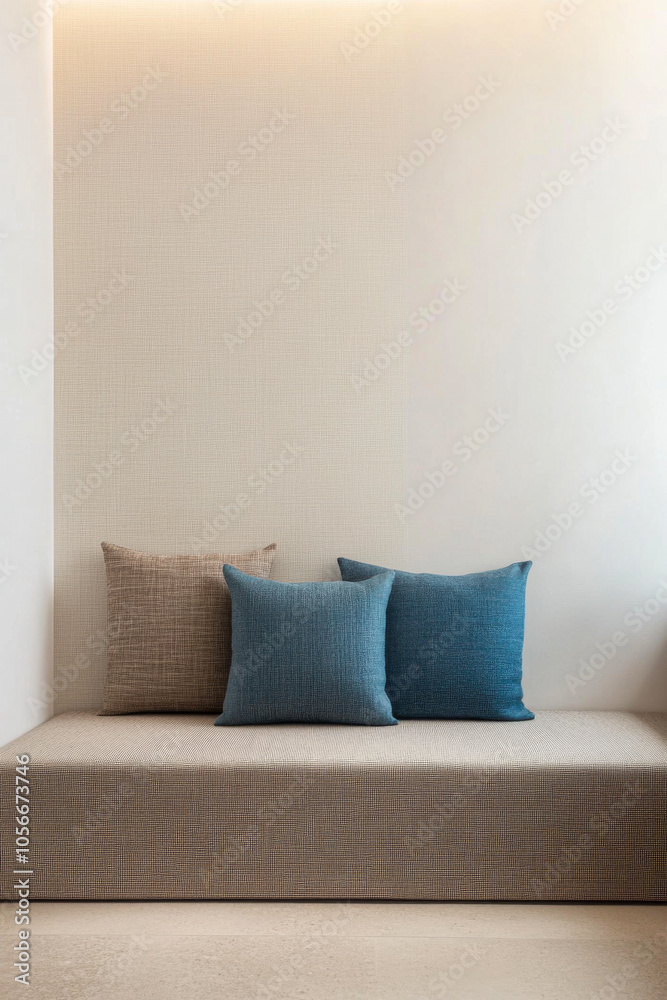 Cozy seating area with textured cushions in a minimalistic interior design Cozy seating area with textured cushions in a minimalistic interior design