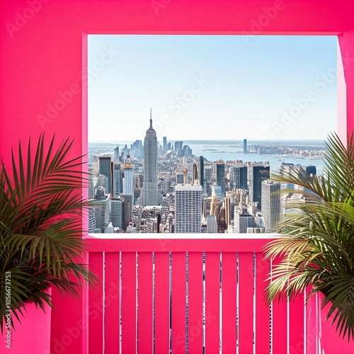 Dreamhouse Balcony, a pink balcony with a view of a beautiful cityscape, pink background, Barbiecore, Barbiecore aesthetic, city, building, architecture, skyscraper, buildings, urban, cityscape, downt photo