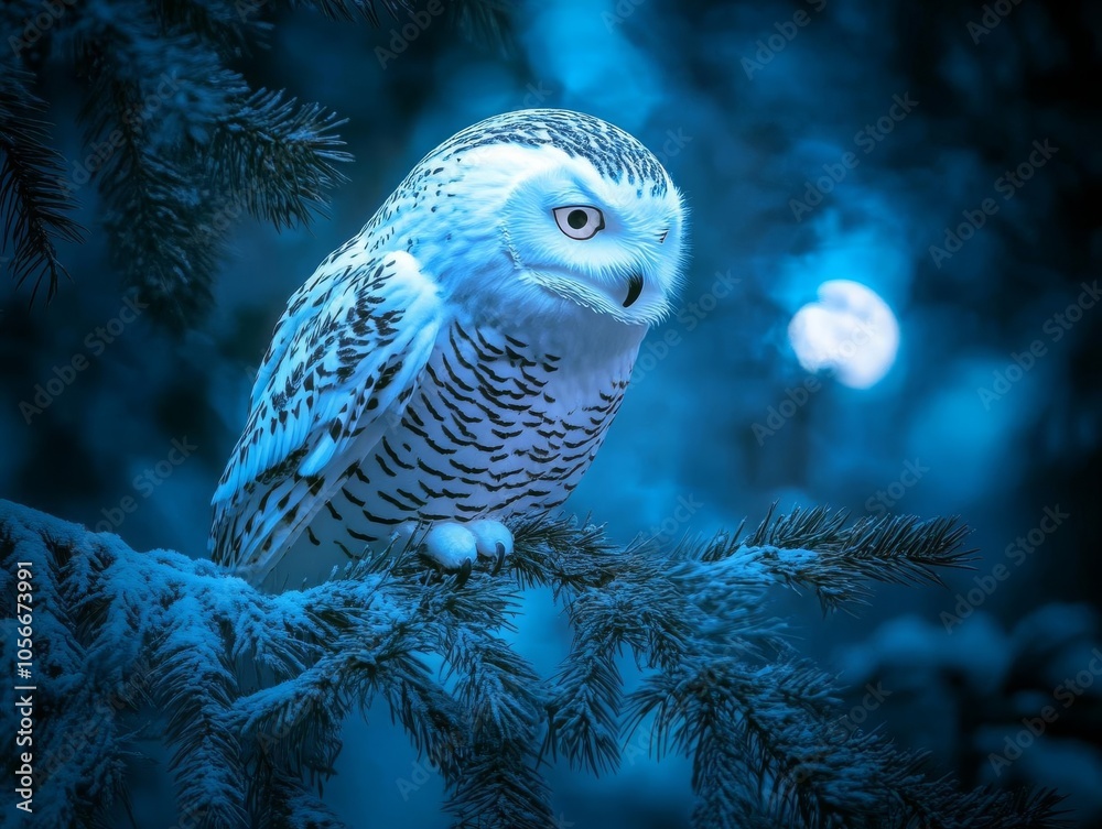 Snow globe with snowy owl perched on a pine branch, moonlight casting soft glow, deep blue tones, mystical ambiance Snow globe with snowy owl perched on a pine branch, moonlight casting soft glow, deep blue tones, mystical ambiance