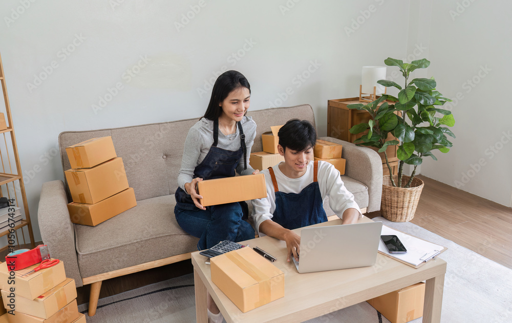 Couple Checking Merchandise Boxes for Online Delivery in a Modern Home Setting Couple Checking Merchandise Boxes for Online Delivery in a Modern Home Setting