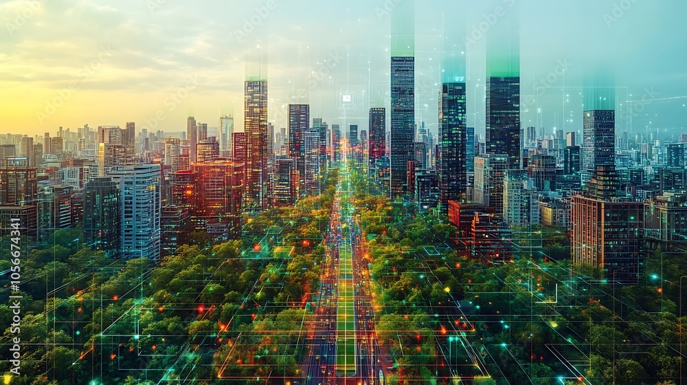 Obraz premium Aerial view of a city skyline with a digital network overlay.