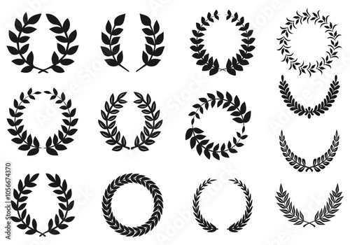 A set of black round deciduous laurels on a white background. A collection of vintage laurel wreaths made of silhouette. The Greek Olive Branch Award, the winner's emblem