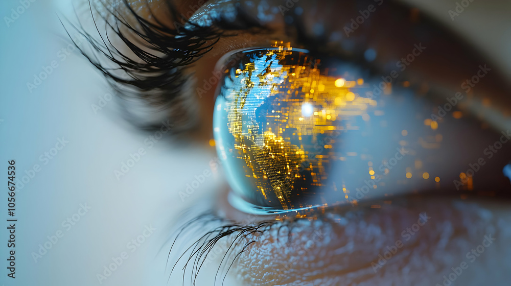 Fototapeta premium 3D Macro Image Eye Holographic World Map Close Up Detail Global Connectivity Home Office Reflection Futuristic Work From Home Concept Icon Isolated White Background